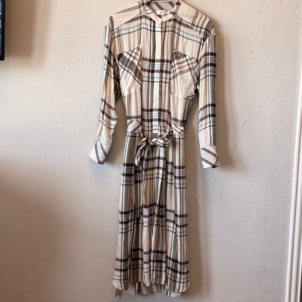 Reiss Lynn Plaid Shirt Dress Midi Tie Waist Women 4 Neutral Multi Color